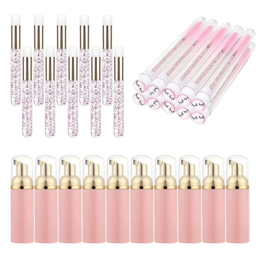 30Pcs Eyelash Tool Set Includes 60ml Eyelash Empty Soap Foam Bottle 10pcs Blackhead Removal Cleaning Brush 10pcs Mascara Brush