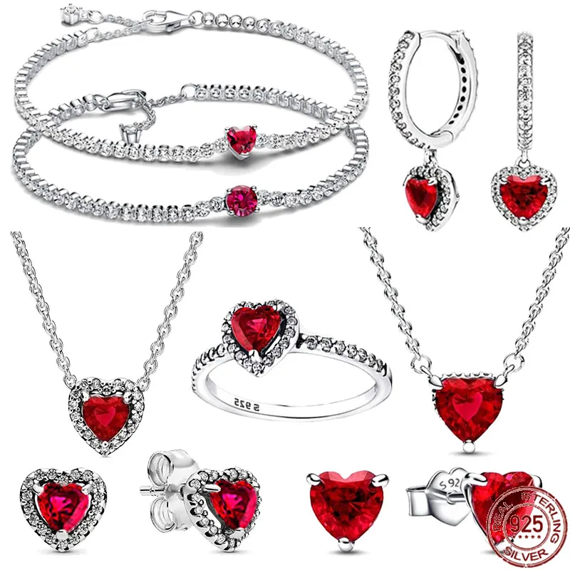 

Hot Selling 925 Sterling Silver Classic Shiny Red Heart-shaped Series Jewelry Earrings Bracelets Necklaces fit DIY Party Gifts