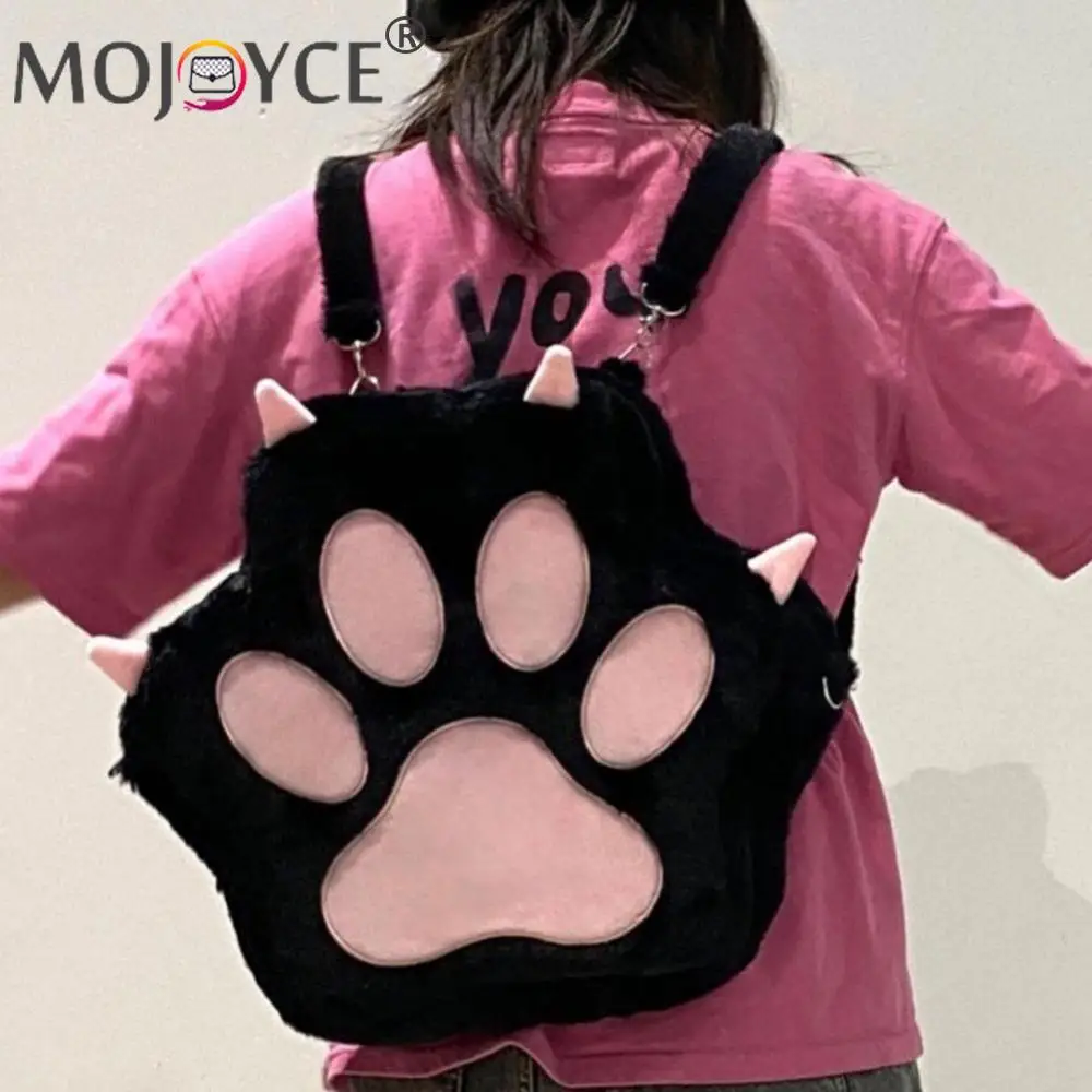 Cute Cat Paw Plush Backpack with Adjustable Straps Soft Furry Purse JK Girls Bag Cartoon Backpack for Women Girls