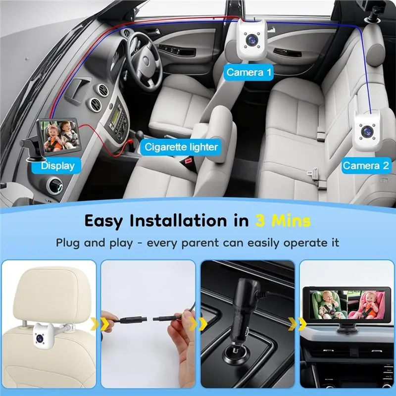 

Двухканальная автомобильная камера ABZW для наблюдения за детьми - 6,86-дюймовый монитор с разделенным экраном 1080P - Простая установка для наблюдения за задними сиденьями автомобиля