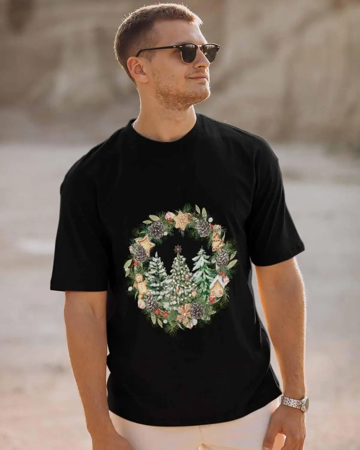 Men's T-Shirt, Novelty Graphic T-Shirt Merry Christmas Xmas Tree Gingerbread Leaves Cotton Crew Neck Men's Short