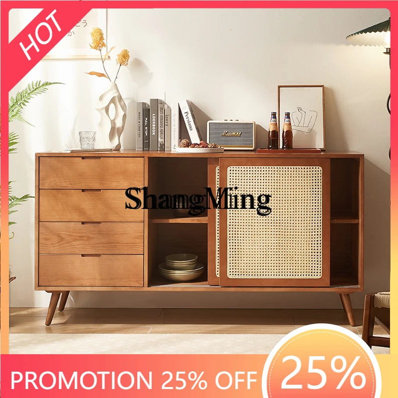 

FG retro solid wood sliding door multi-drawer storage rattan decoration floor-to-ceiling living room locker