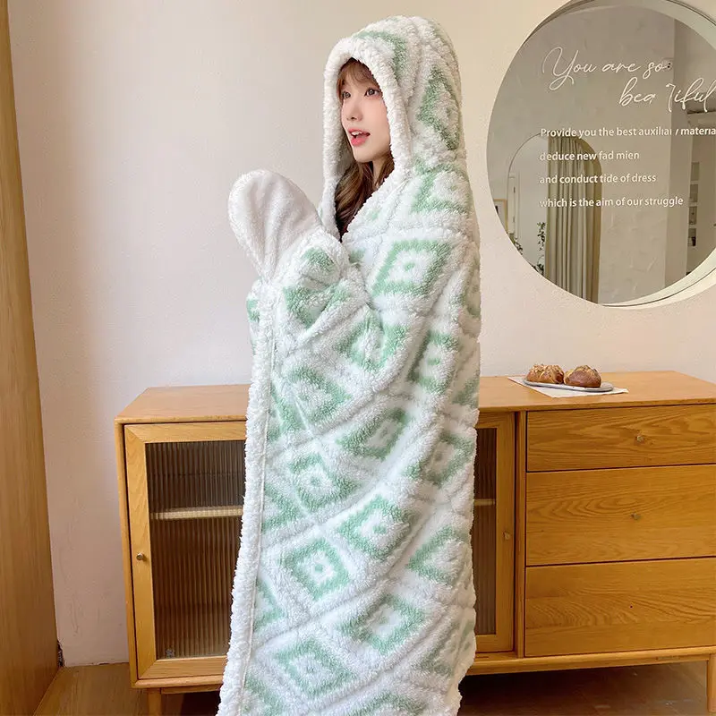 Ins Bohemia Blanket Flannel Cloak Hooded With Hat Wearable Winter Warm Women Home Cosplay