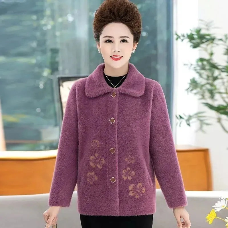 

Middle-aged Elderly Women Autumn Winter Knitted Sweater Mother Cardigan Coat New Thick Imitation Mink Cashmere Sweater Jacket