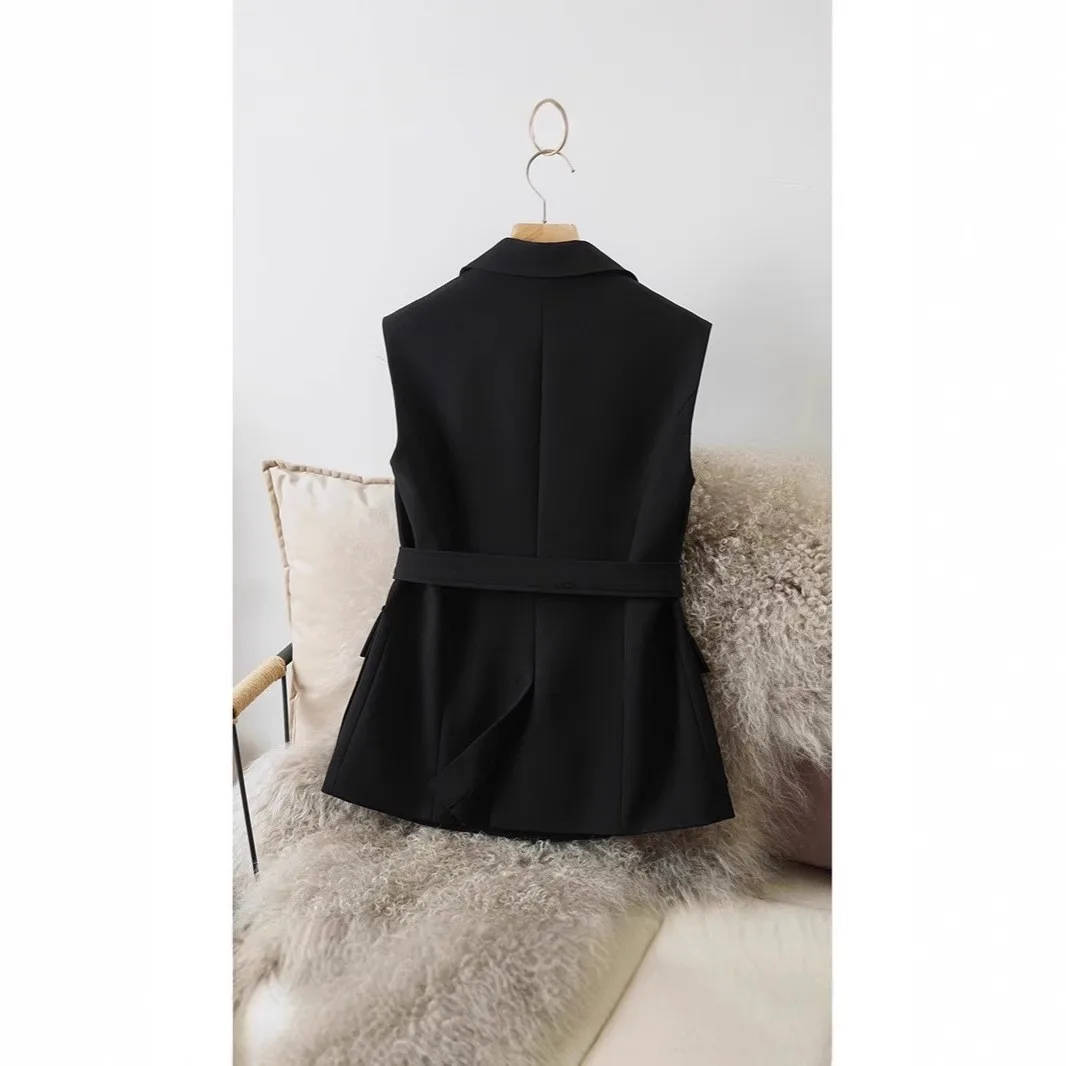 Black Solid Vest Button Front Loose Fit Waistcoat Notched Lapel Front Pocket Sleeveless Blazer V Neckline Peplum Hem Blazer Vest