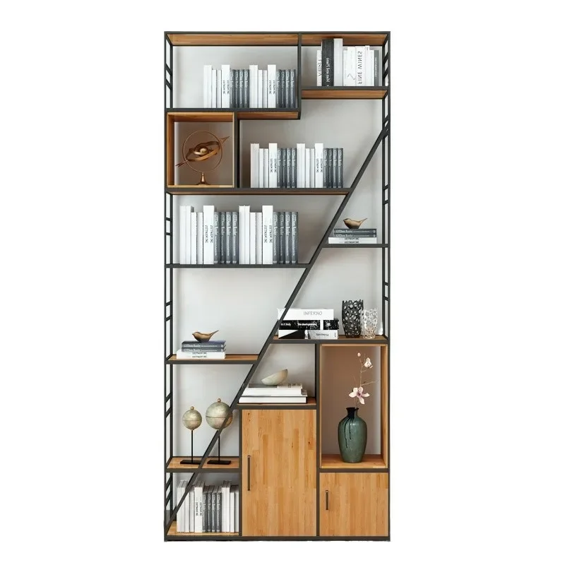 American wrought iron solid wood bookcase floor storage bookshelf partition study industrial style locker