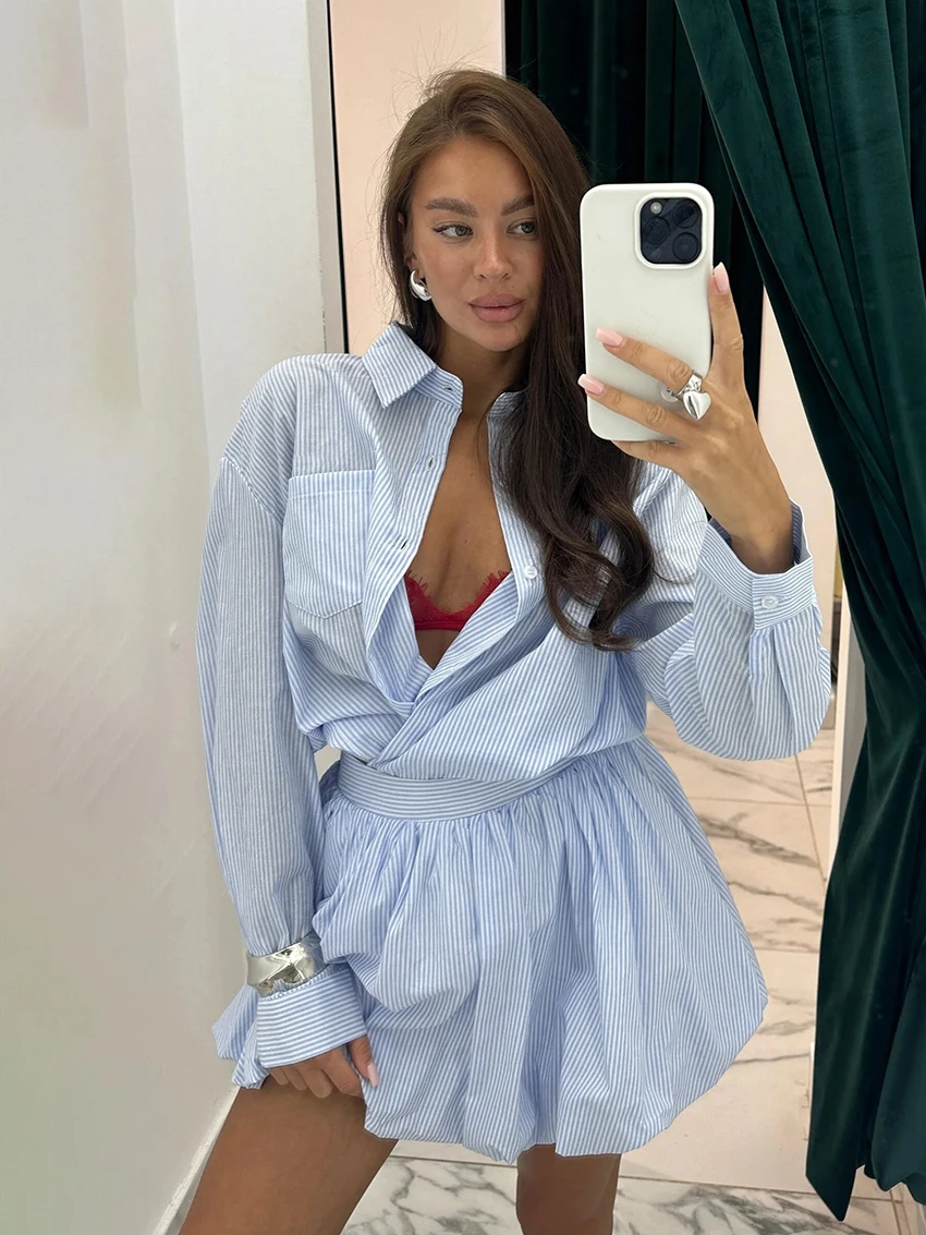 

Marthaqiqi Autumn Female Nightwear Suit Turn-Down Collar Pajamas Long Sleeve Nightgown Skirts Casual Striped Women Sleepwear Set