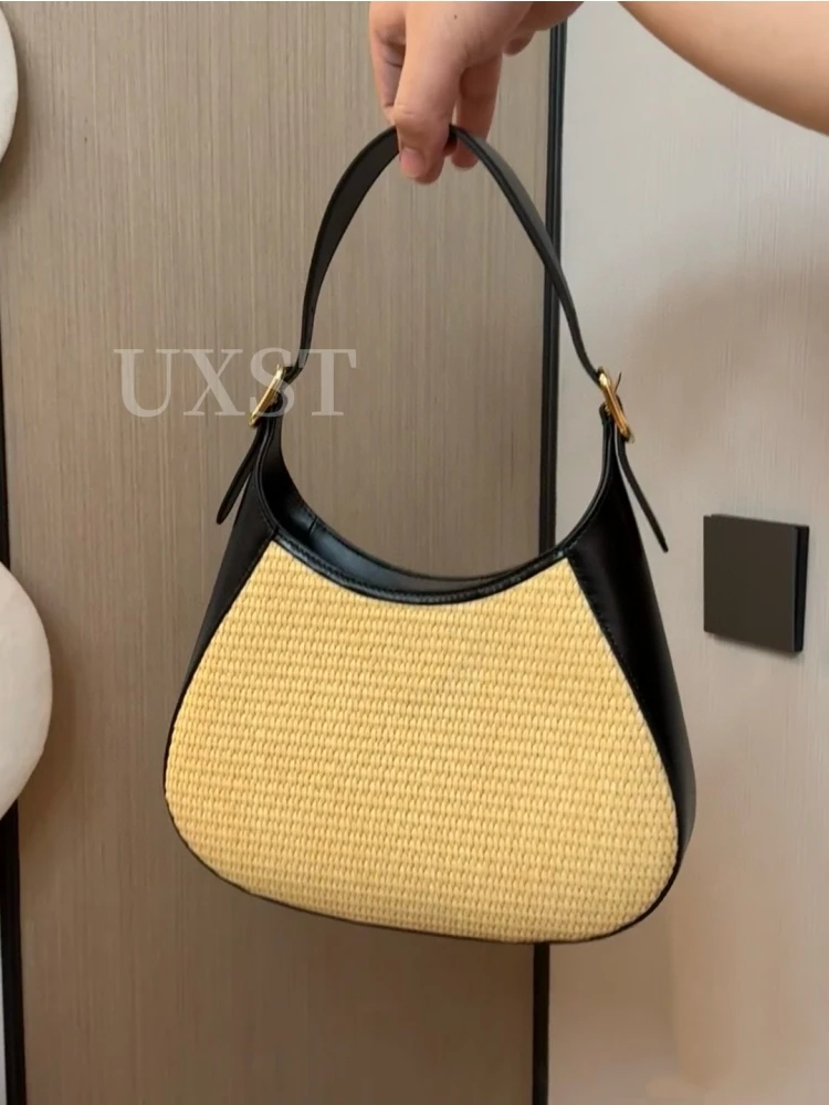 

UXST Leather Straw Patchwork Shoulder Bag Summer Woven Half Moon Bag Retro Mixed Color Handbag Premium Design Weave Crescent Bag