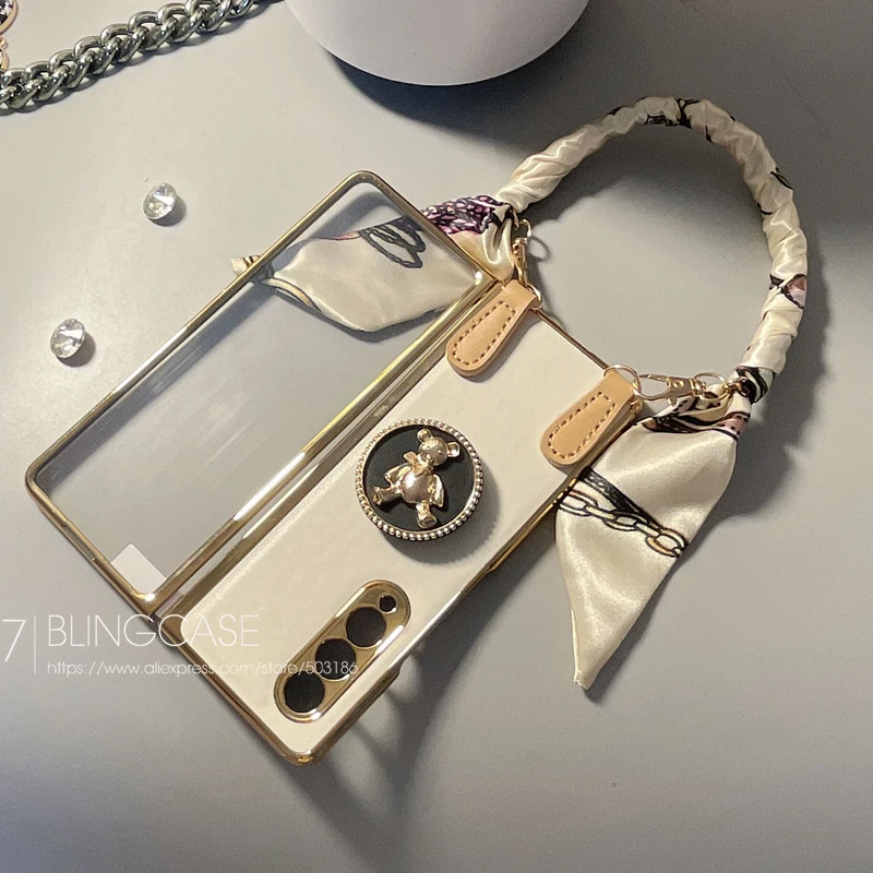 Imagem -03 - Pulseira de Seda Urso Titular Caixa de Telefone de Couro para Samsung Galaxy z Dobre Cadeia Mão Película de Tela de Vidro Temperado z Fold Cover