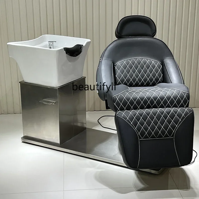 Silla de champú eléctrica tumbada, cama de media descarga, barbería, salón de belleza, lavabo de cerámica, lavado de cabello, reclinable