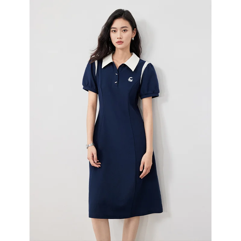 TOYOUTH Dressed Women's Spring 2024 New Academy Style Contrast Polo Neck Waist Tie T-shirt Dress