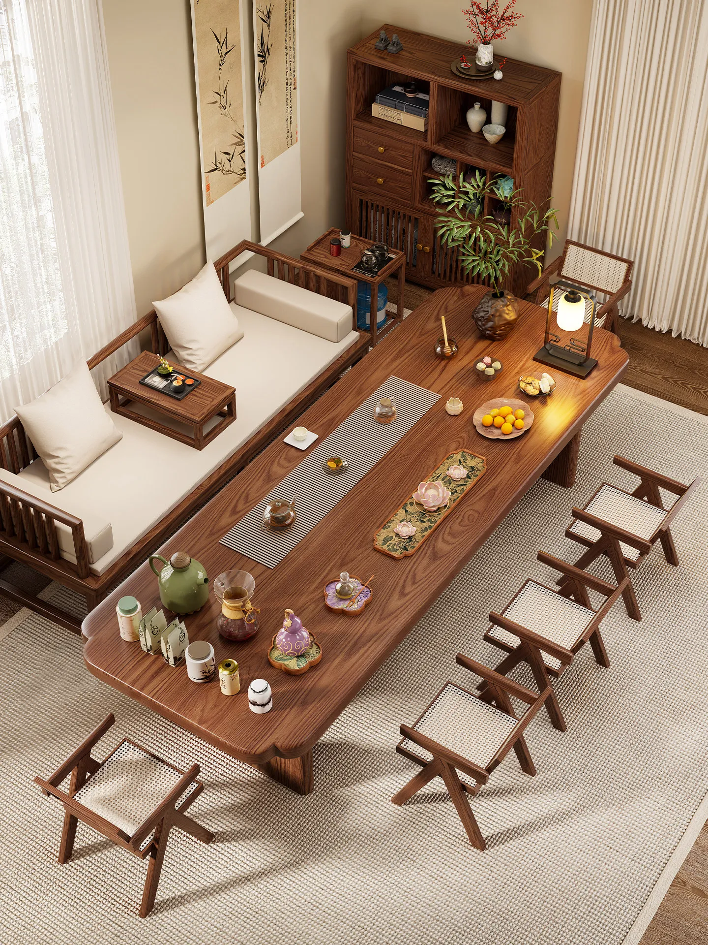 CX new Chinese large board solid wood tea table and chair combination one table and five chairs