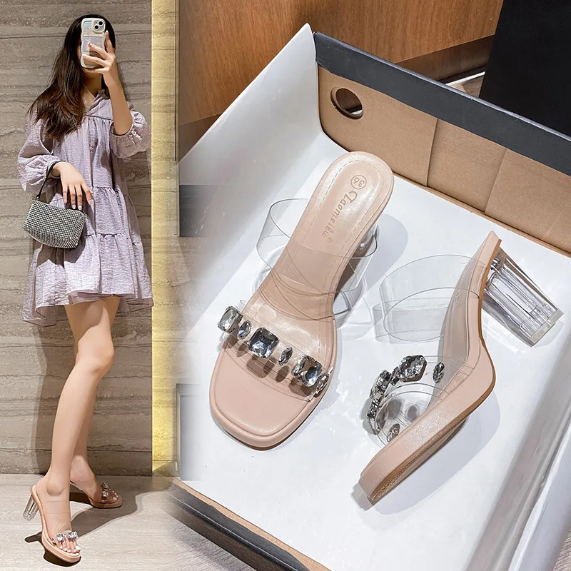 

2026 Summer New One-word with High-heeled Slippers Waterproof Table Crystal Transparent Sandals Women