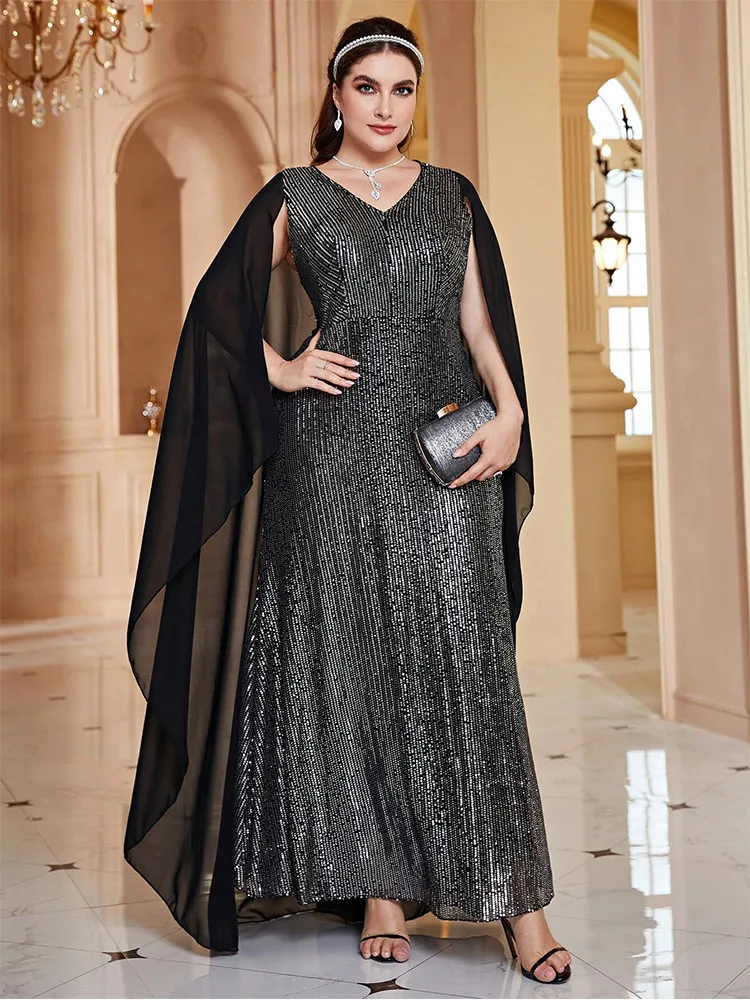 Plus Size V-Neck Silver Striped Black Shawl Floor-Length Wedding Evening Dress 4xl5xl Big Size Black Shawl Prom Gowns Women