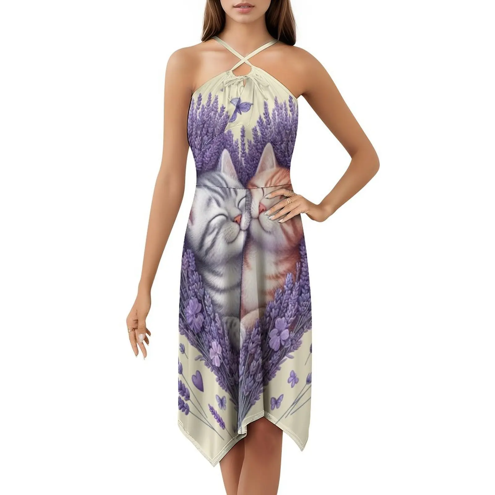 زهور اللافندر تابي القطط الحب قلوب رسم فستان بوهيمي عتيق بأكمام منتفخة أو خيارات بلا أكمام لفستان النساء #5