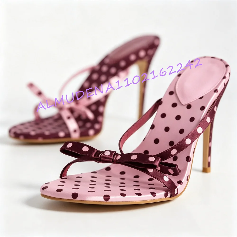 Women Satin Mules Polka Dot Open Toe Stiletto Heel Pink Slide Shoes Backless Heeled Mules Evening Wedding Fashion Footwear 46