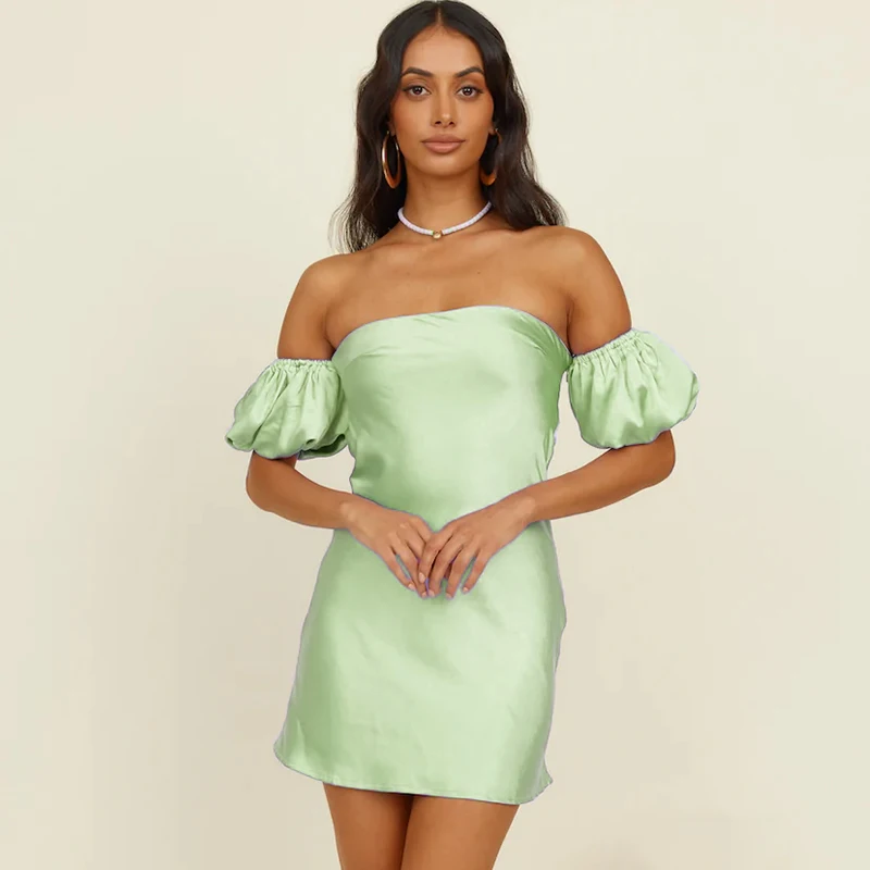 Ardm Elegant Strapless Satin Short платье женское Sexy Off Shoudler Backless Puff Sleeve Summer Bodycon Mini Dress Vestidos