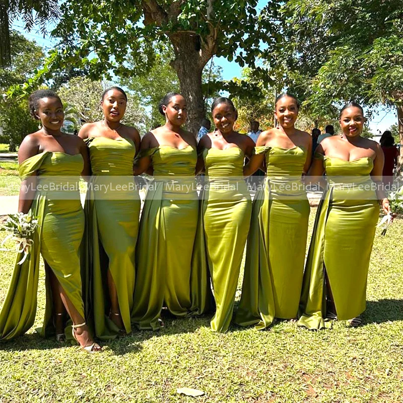Sexy Chartreuse Bridesmaid Dresses with Side Slit Strapless Shiny Satin Mermaid Long Ribbon Bride Maid Of Honour Gown Customized
