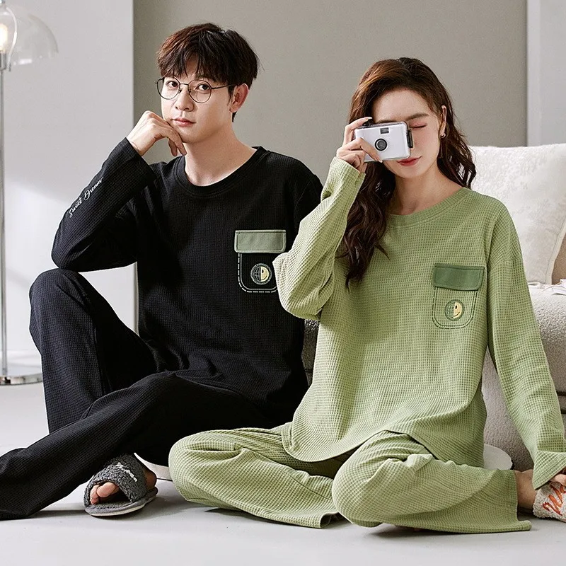 Baju tidur Pasangan Pria Wanita Piyama katun set ukuran besar pakaian tidur musim gugur Set pakaian rumah lengan panjang celana pakaian Kawaii Korea