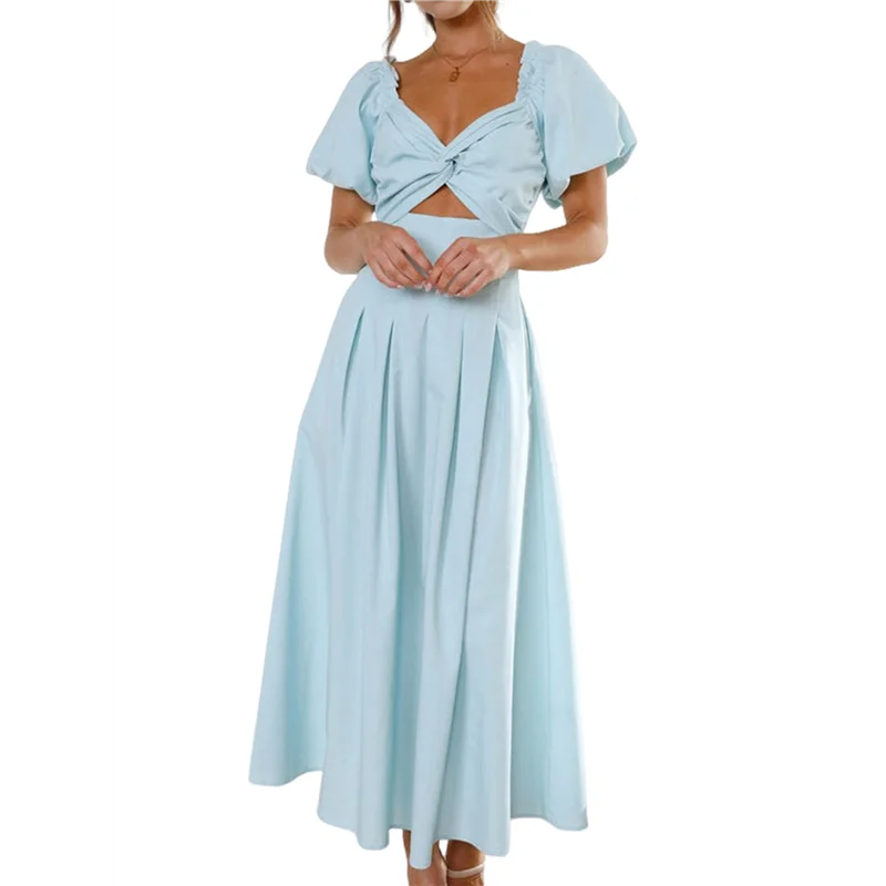 ABRT-Women's Summer Boho Maxi Dress V-Neck Cute Bubble Short Sleeve A-Line Long Dress With Pocket