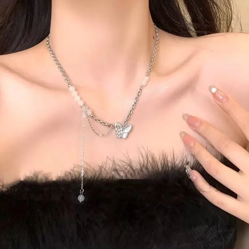 New Spliced Beaded Tassel Butterfly Necklace for Women, Light Luxury, Unique, High-End, Sweet and Cool Versatile Clavicle Chain, Ins Minimalist Style