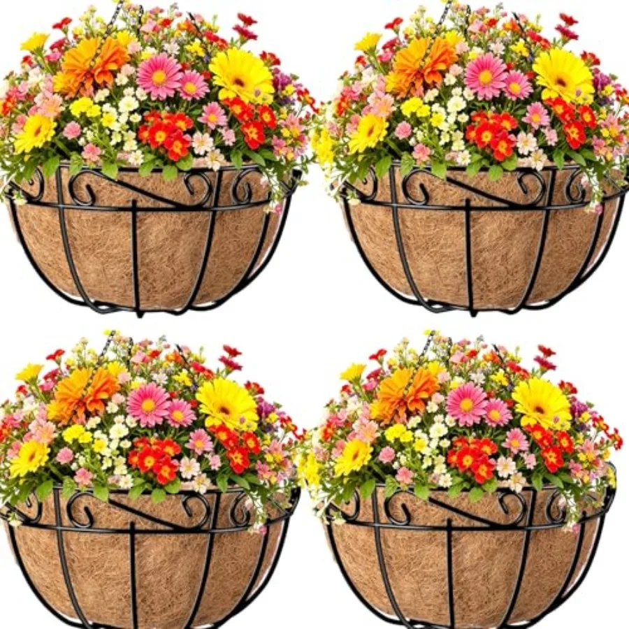

4 Pack Metal Plant Hanging Baskets Planter Flower Pots Outdoor Indoor Wire Hanging Basket for Vegetable with Coco Fiber Liners