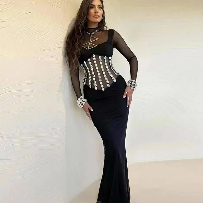 

New Arrival Shining diamonds Sexy Mesh See Through Black Long Dress Elegant Woman Evening Party Dress Nightclub Party Outfit