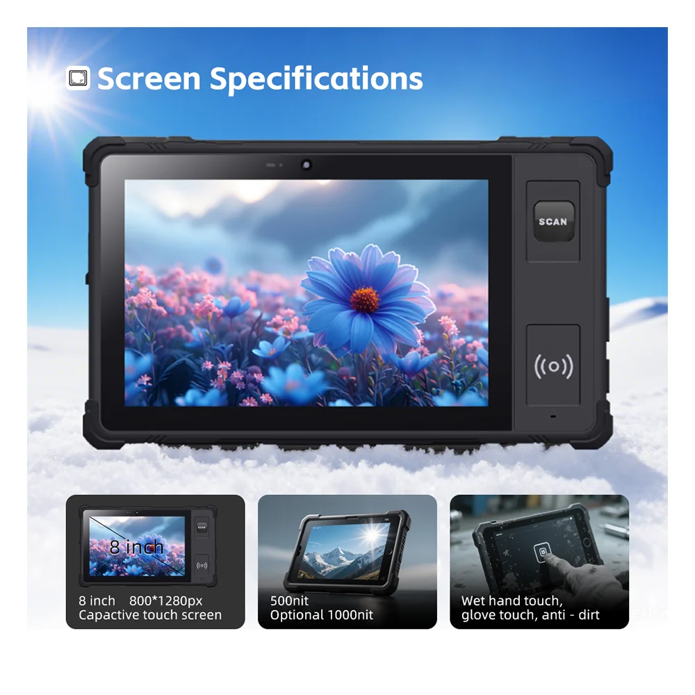 Displiex JW-P8S كمبيوتر لوحي صناعي 8 بوصة HD 500 Nits عرض أندرويد 15 5500 مللي أمبير بطارية متينة IP68 4G شبكة MTK ثماني النواة #1