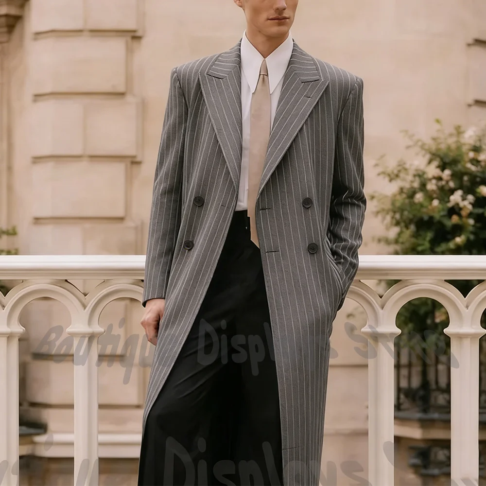 

Casual Oversized Men Suit Jacket One Piece Chic Striped Peaked Lapel Double Breasted Long Coat British Style Fashion Streetwear