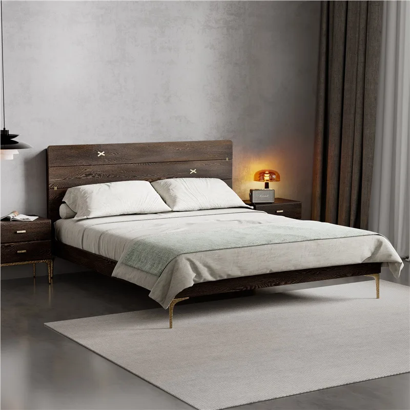 Nordic full oak solid wood bed master bedroom double bed small flat edge bed