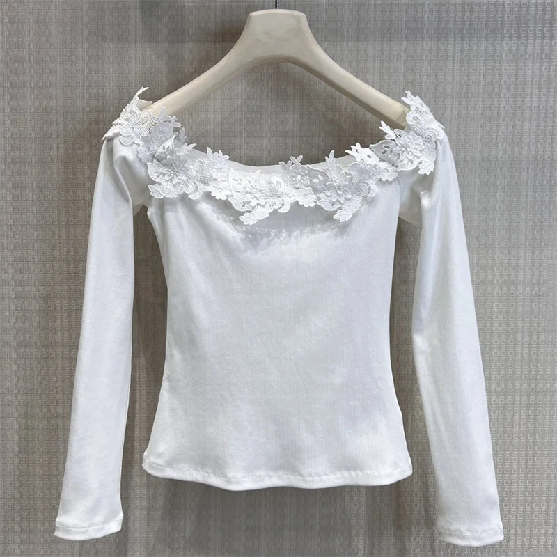

Women's t-shirt 2026 Summer New Flower embroidered Women's long sleeved top Elastic knit slim fit pullover Cotton blend corset