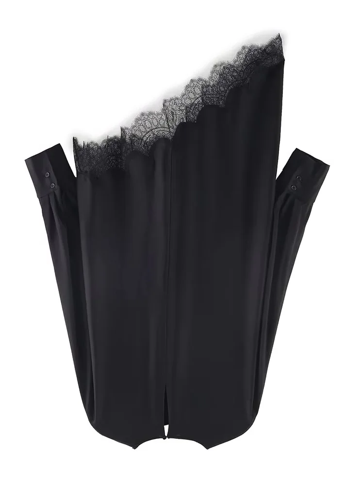 

HH Women Fashion Versatile Crew Neck Asymmetrical Hem Lace Pullover Shirt Female Simple Elegant Slim Long Sleeve Satin Top Mujer