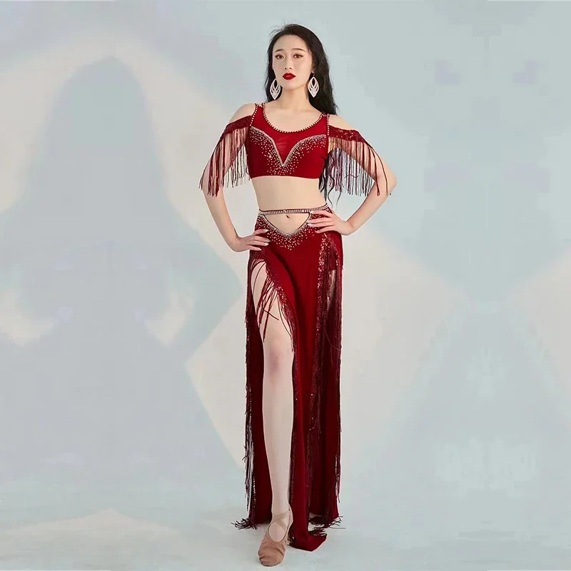 Belly Dance Professional Costumes Set Female Shining Performance Clothing Short Sleeves Top+long Skirt 2pcs Oriental Dance Wear