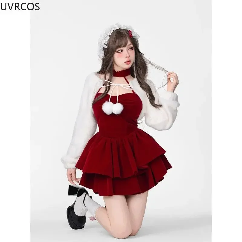 Kawaii Sweet Lolita Two Piece Set Women 2024 Korean Style White Shawl Tops Cute Party Mini Dress Japanese Y2k Red Christmas Suit