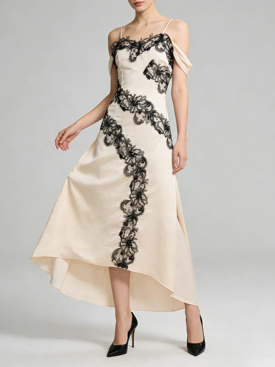 TWOTWINSTYLE Hit Color Spliced Lace Dresses for Women Square Collar Sleeveless High Waist Slimming Sexy Dress Female Fashion New