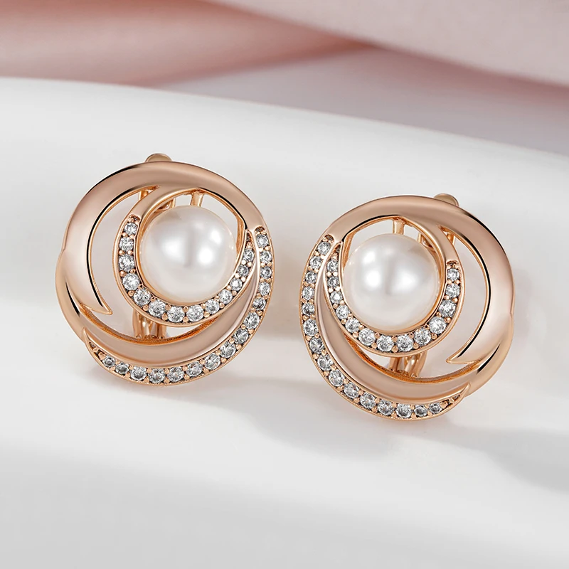 SYOUJYO Pearl Drop Earrings For Women 585 Rose Gold Color Bride Wedding Jewelry Natural Zircon Vintage Earrings