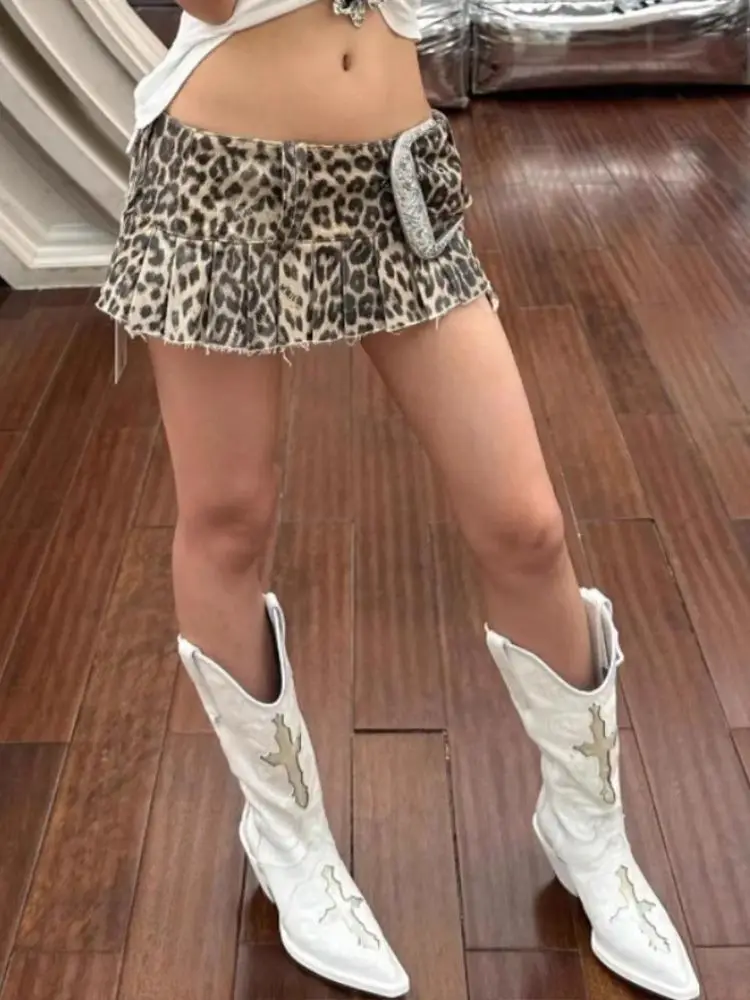 Minifalda vaquera con estampado de leopardo y diseño de calle alta Y2k Spice Girl Falda plisada de cintura baja para mujer