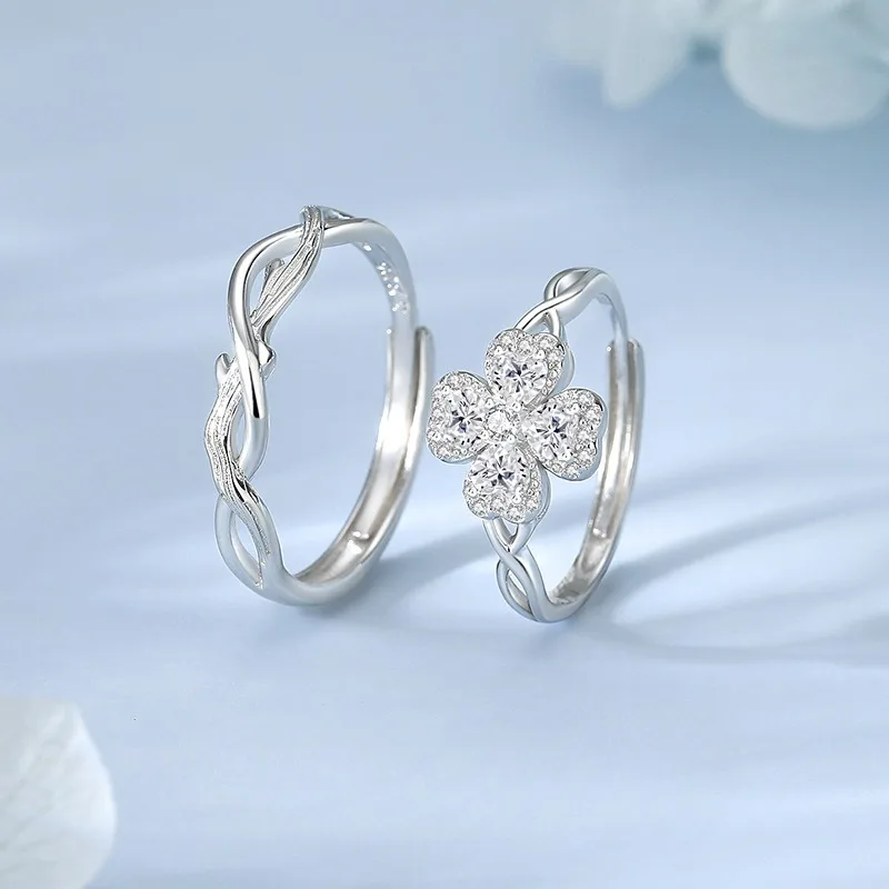

TIMESWIND Lucky Four-leaf Clover S925 Zircon Hollow Men and Women Open Ring with Certificate
