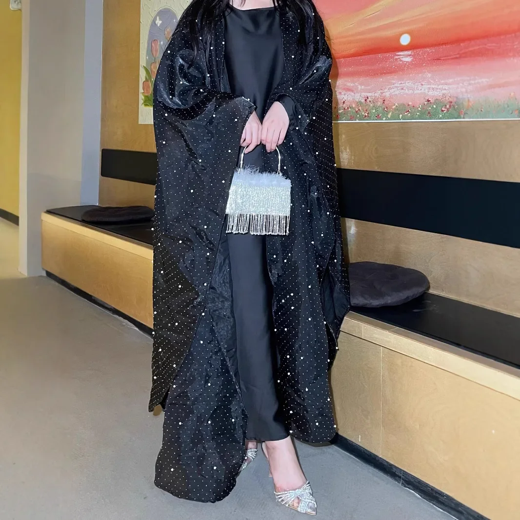 Dress 2 Piece Sets Muslim Open Abayas for Women Party Cardigan Robe Diamonds Jalabiya Morocco Kaftan Eid Ramadan Dubai Vestidos