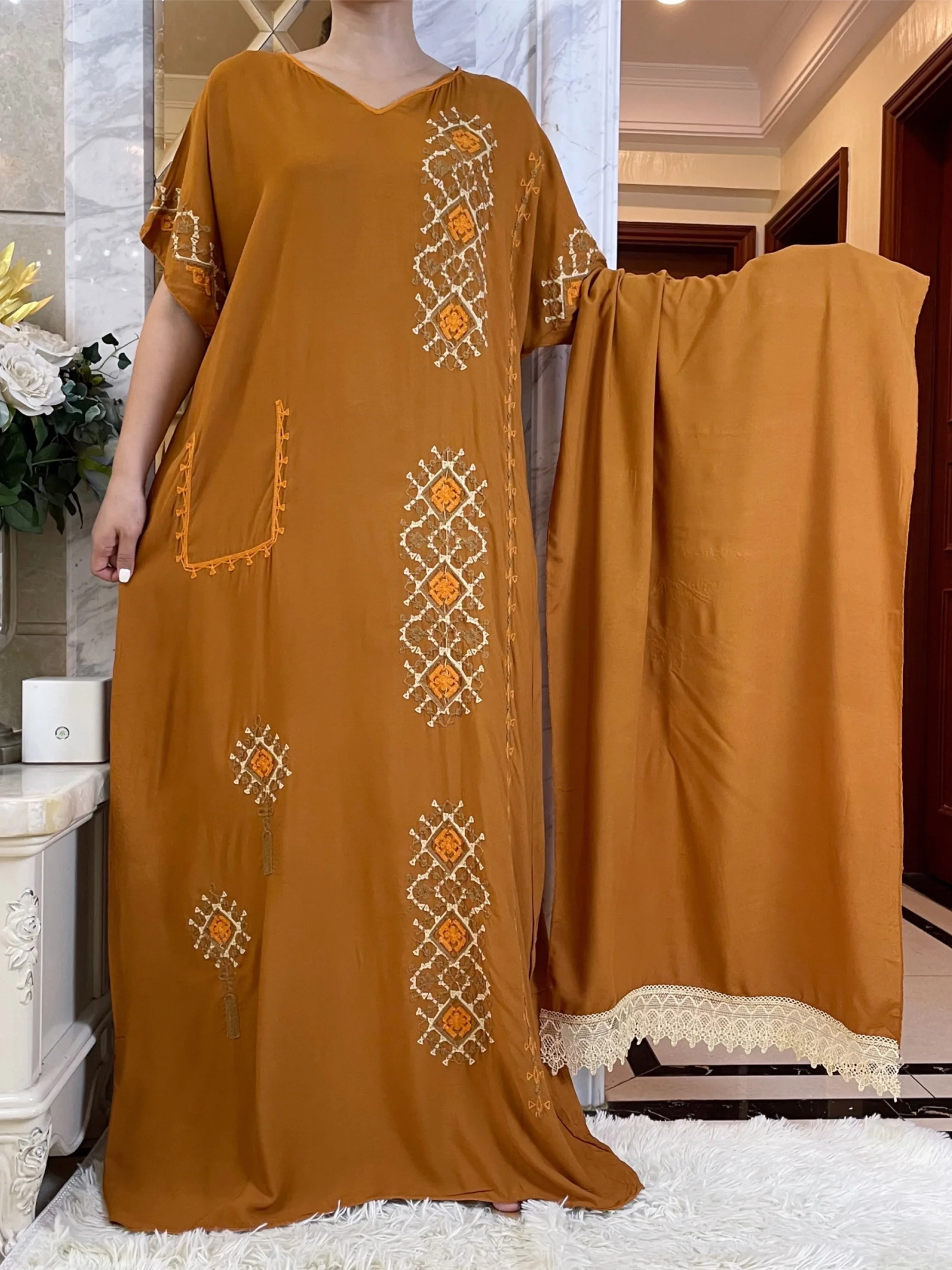 Latest Summer African Lady Dress With Big Lace Scarf   Cotton Embroider Loose Floral Boubou Maxi Islam Women Short Sleeve Abaya