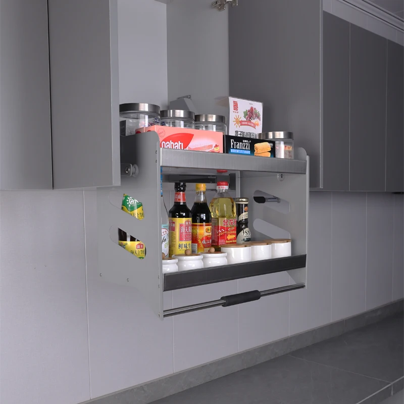 

Kitchen hanging cabinet, stainless steel lifting basket, cabinet storage rack, pull-down elevator, seasoning basket, cushioning