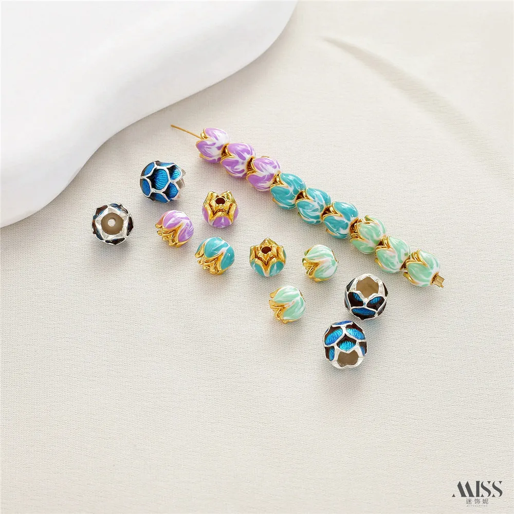 18K Gold Color Cloisonne Burnt Blue Flower Ball Flower Beaded Spacer DIY Handmade Bracelet Necklace String Accessories