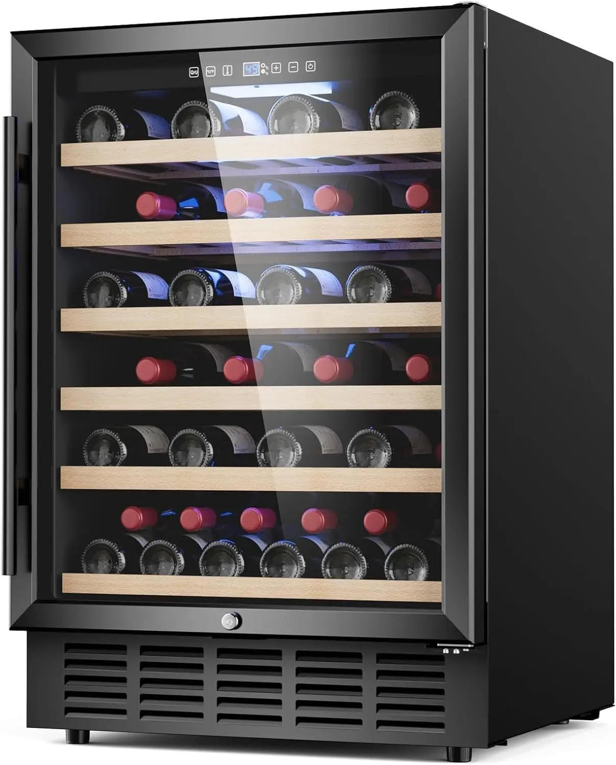 24   Cooler, 51 Bottle Wine Refrigerator with  Shelves Blue Interior Light, Stainless Steel Wine Fridge, Built