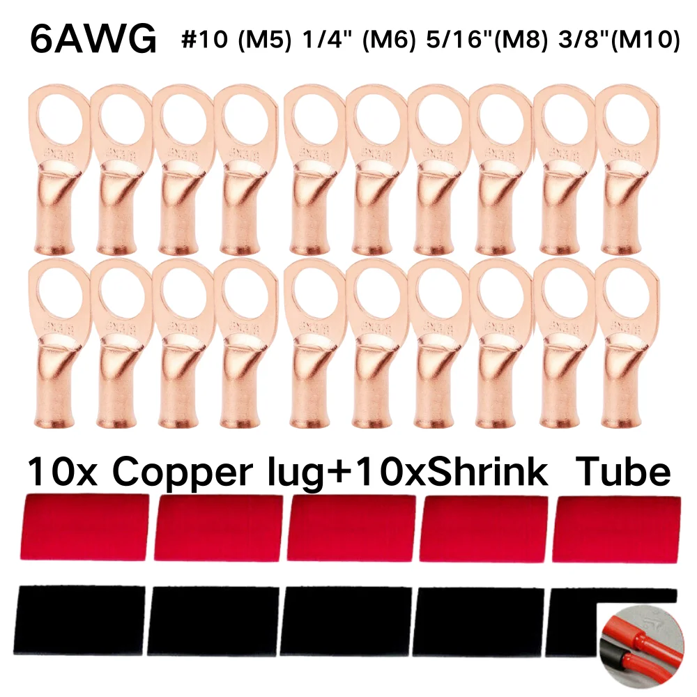 

20pcs Copper Terminal Connectors, AWG 6 M5-M10 Ring Lug Kit With Shrink Tubing 10 Battery Cable Lugs, With 10 Shrink Tubing