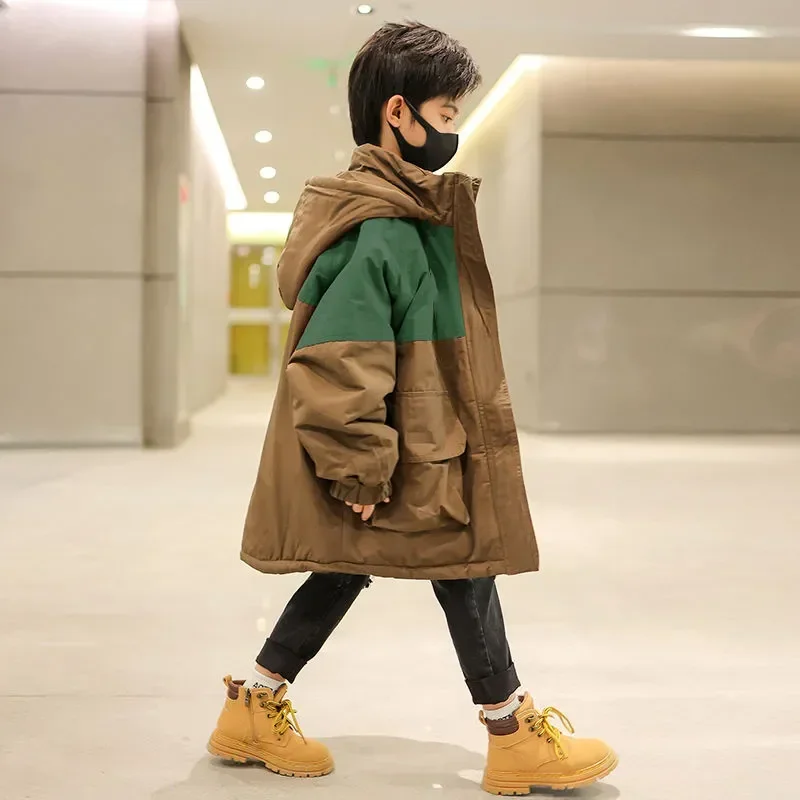 Teens Boys Patchwork Coat Jacket Overcoat Cotton 2024 Zipper Warm Plus Velvet Thicken Winter Christmas Parka Children\'s Clothing