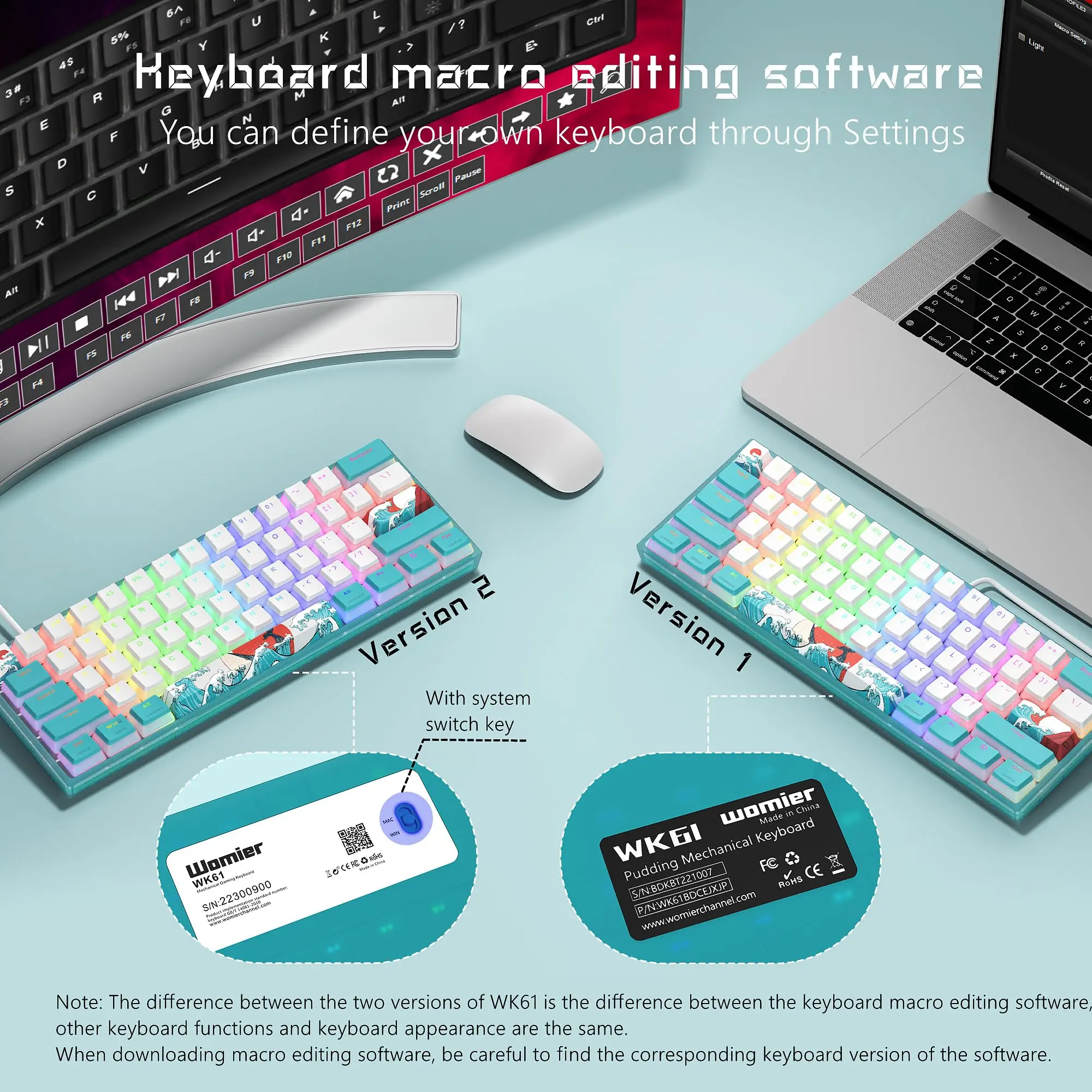 WK61-Mechanical Teclado Gaming, WK61, RGB Wired, Hot-Swappable, Blue Sea Theme, PBT Keycaps para Windows, PC Gamers