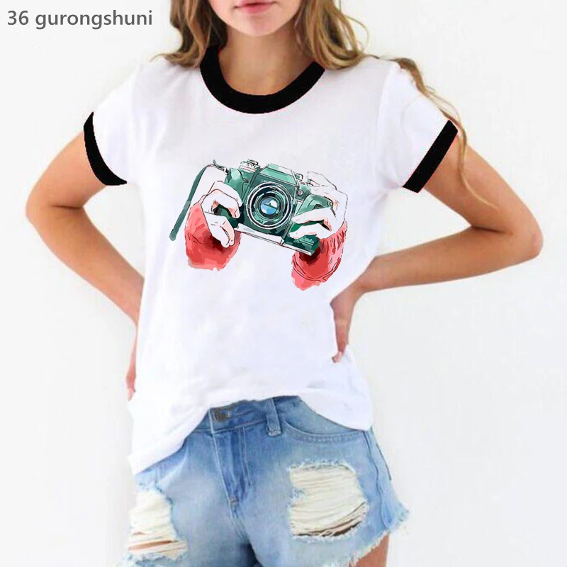 Funny Camera Lover Print Tshirt Girls Summer Fashion Tops Tee Shirt Femme Harajuku Kawaii Clothes Cool White T-Shirt Female