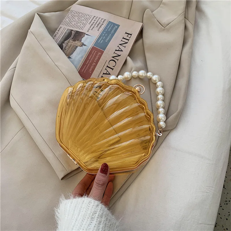 2026 Women Acrylic Shell Clutch Bag Transparent Candy Color Pearl Bead Chain Handbag Clip Frame Evening Party Crossbody Purse view 2
