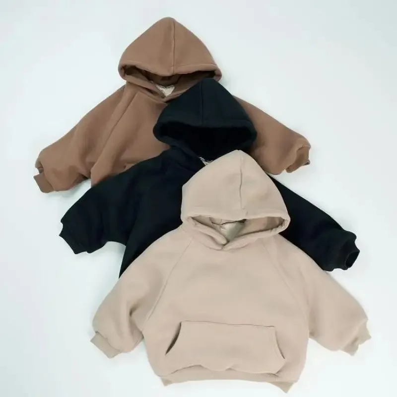 

2025 Winter New Children Fleece Hooded Sweatshirt Solid Girls Plus Velvet Thick Pullover Tops Kids Boys Cotton Casual Hoodie