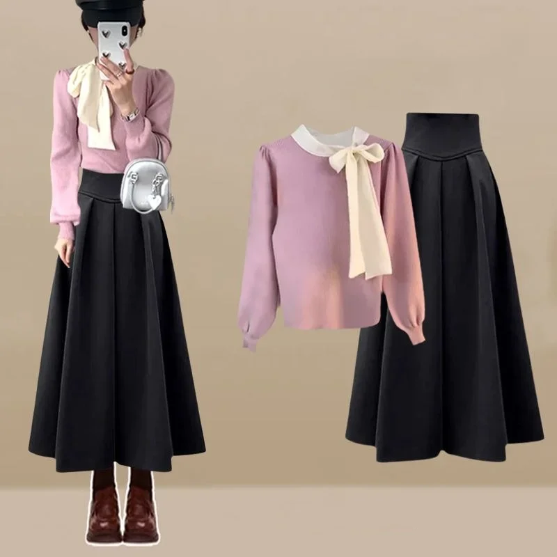 Lady Graceful Vintage Bowknot Collar สีดําเสื้อกระโปรง 2 ชิ้นชุดผู้หญิงฤดูใบไม้ผลิฤดูใบไม้ร่วง Retro เสื้อแขนยาวชุดกระโปรง